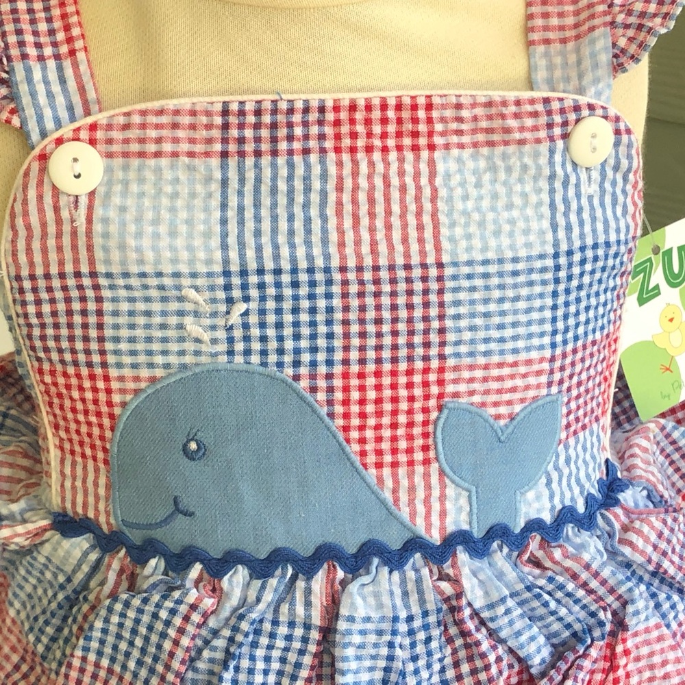 Petit Ami / ZU Brand New Summer Red and Blue Plaid Whale Dress